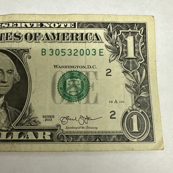 Fancy Serial Number 1 One Dollar Bill - Low Sum, 2 Triples, 4 Unique Digits - Picture 2 of 7